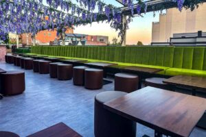 green custom Restaurant banquettes on outside patio in DC 