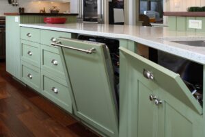 green custom millwork cabinets in Maryland kitchen