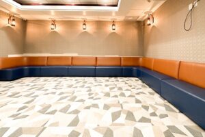 Custom banquette seating orange and blue