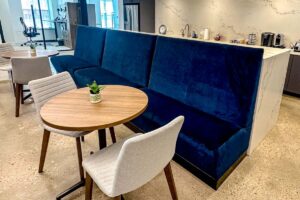 blue custom banquette seating in restaurant