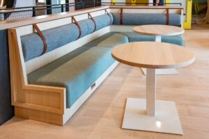 blue L shaped banquette seating