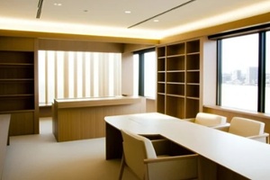 modern executive boardroom with sleek wooden interior and abundant natural light