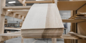 stacked lumber fills a warehouse, neatly arranged on shelving for commercial millwork designer