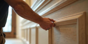 carpenter installs custom business millwork trim molding for luxury condominium lobby renovation