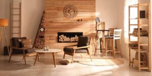 decorative fireplace with stacked wood in cozy living room interior - commercial millwork design