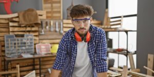 serious-faced young man, an arab carpenter wearing glasses, breathes in the essence of woodwork amidst